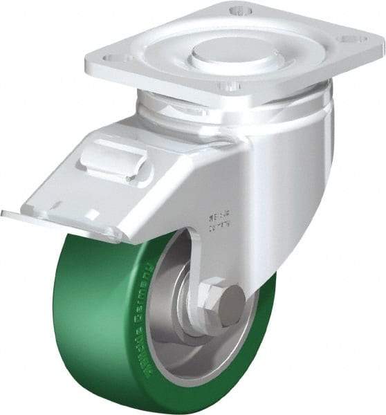 Blickle - 4" Diam x 1-9/16" Wide x 5-33/64" OAH Top Plate Mount Swivel Caster with Brake - Polyurethane-Elastomer Blickle Softhane, 660 Lb Capacity, Ball Bearing, 3-15/16 x 3-3/8" Plate - Benchmark Tooling