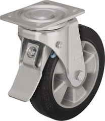 Blickle - 8" Diam x 2" Wide x 9-41/64" OAH Top Plate Mount Swivel Caster with Brake - Solid Rubber, 1,210 Lb Capacity, Ball Bearing, 5-1/2 x 4-3/8" Plate - Benchmark Tooling