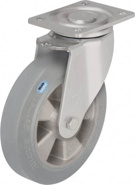 Blickle - 8" Diam x 2" Wide x 9-41/64" OAH Top Plate Mount Swivel Caster - Solid Rubber, 1,210 Lb Capacity, Ball Bearing, 5-1/2 x 4-3/8" Plate - Benchmark Tooling
