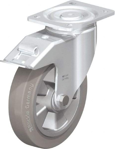 Blickle - 8" Diam x 2" Wide x 9-41/64" OAH Top Plate Mount Swivel Caster with Brake - Solid Rubber, 1,210 Lb Capacity, Ball Bearing, 5-1/2 x 4-3/8" Plate - Benchmark Tooling