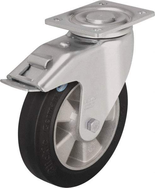 Blickle - 8" Diam x 2" Wide x 9-41/64" OAH Top Plate Mount Swivel Caster with Brake - Solid Rubber, 1,210 Lb Capacity, Ball Bearing, 5-1/2 x 4-3/8" Plate - Benchmark Tooling