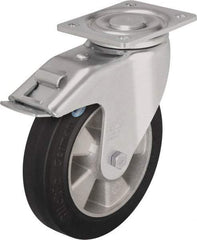 Blickle - 5" Diam x 2" Wide x 6-11/16" OAH Top Plate Mount Swivel Caster with Brake - Solid Rubber, 594 Lb Capacity, Ball Bearing, 5-1/2 x 4-3/8" Plate - Benchmark Tooling