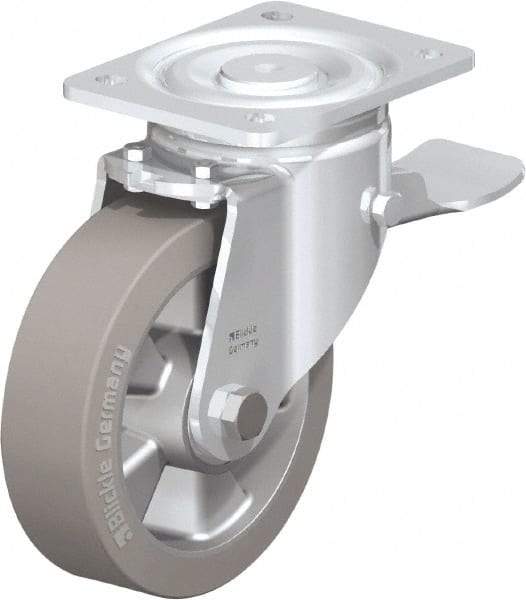 Blickle - 6-1/2" Diam x 2" Wide x 7-61/64" OAH Top Plate Mount Swivel Caster with Brake - Solid Rubber, 880 Lb Capacity, Ball Bearing, 5-1/2 x 4-3/8" Plate - Benchmark Tooling