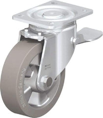 Blickle - 6-1/2" Diam x 2" Wide x 7-61/64" OAH Top Plate Mount Swivel Caster with Brake - Solid Rubber, 880 Lb Capacity, Ball Bearing, 5-1/2 x 4-3/8" Plate - Benchmark Tooling