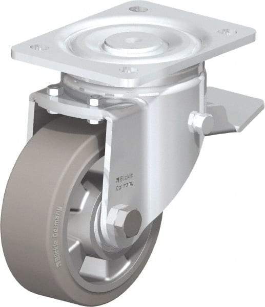 Blickle - 5" Diam x 2" Wide x 6-11/16" OAH Top Plate Mount Swivel Caster with Brake - Solid Rubber, 594 Lb Capacity, Ball Bearing, 5-1/2 x 4-3/8" Plate - Benchmark Tooling