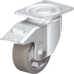 Blickle - 5" Diam x 2" Wide x 6-11/16" OAH Top Plate Mount Swivel Caster with Brake - Solid Rubber, 594 Lb Capacity, Ball Bearing, 5-1/2 x 4-3/8" Plate - Benchmark Tooling