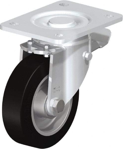 Blickle - 5" Diam x 1-9/16" Wide x 6-1/2" OAH Top Plate Mount Swivel Caster with Brake - Solid Rubber, 550 Lb Capacity, Ball Bearing, 5-1/2 x 4-3/8" Plate - Benchmark Tooling