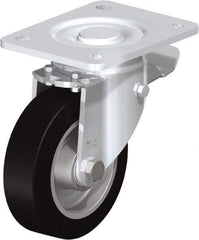 Blickle - 5" Diam x 1-9/16" Wide x 6-1/2" OAH Top Plate Mount Swivel Caster with Brake - Solid Rubber, 550 Lb Capacity, Ball Bearing, 5-1/2 x 4-3/8" Plate - Benchmark Tooling