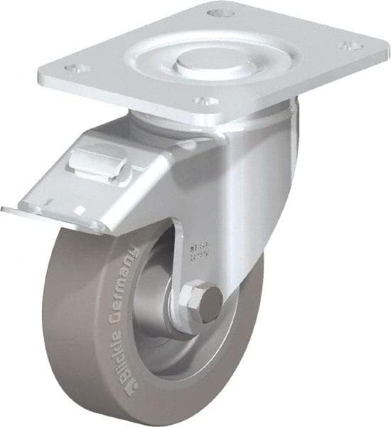 Blickle - 5" Diam x 1-9/16" Wide x 6-1/2" OAH Top Plate Mount Swivel Caster with Brake - Solid Rubber, 550 Lb Capacity, Ball Bearing, 5-1/2 x 4-3/8" Plate - Benchmark Tooling