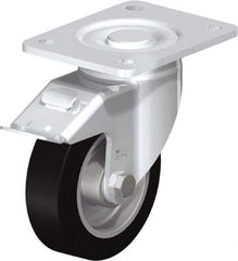 Blickle - 5" Diam x 1-9/16" Wide x 6-1/2" OAH Top Plate Mount Swivel Caster with Brake - Solid Rubber, 550 Lb Capacity, Ball Bearing, 5-1/2 x 4-3/8" Plate - Benchmark Tooling