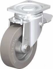 Blickle - 5" Diam x 1-9/16" Wide x 6-1/2" OAH Top Plate Mount Swivel Caster with Brake - Solid Rubber, 550 Lb Capacity, Ball Bearing, 3-15/16 x 3-3/8" Plate - Benchmark Tooling