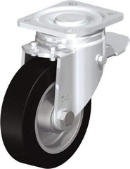 Blickle - 5" Diam x 1-9/16" Wide x 6-1/2" OAH Top Plate Mount Swivel Caster with Brake - Solid Rubber, 550 Lb Capacity, Ball Bearing, 3-15/16 x 3-3/8" Plate - Benchmark Tooling