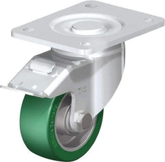 Blickle - 4" Diam x 1-9/16" Wide x 5-33/64" OAH Top Plate Mount Swivel Caster with Brake - Polyurethane-Elastomer Blickle Softhane, 660 Lb Capacity, Ball Bearing, 5-1/2 x 4-3/8" Plate - Benchmark Tooling