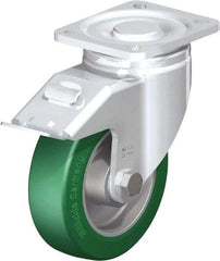 Blickle - 5" Diam x 1-9/16" Wide x 6-1/2" OAH Top Plate Mount Swivel Caster with Brake - Polyurethane-Elastomer Blickle Softhane, 770 Lb Capacity, Ball Bearing, 3-15/16 x 3-3/8" Plate - Benchmark Tooling