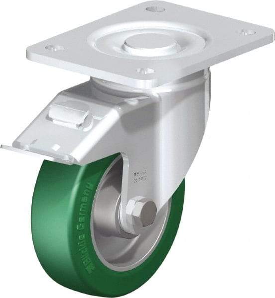 Blickle - 5" Diam x 1-9/16" Wide x 6-1/2" OAH Top Plate Mount Swivel Caster with Brake - Polyurethane-Elastomer Blickle Softhane, 770 Lb Capacity, Ball Bearing, 5-1/2 x 4-3/8" Plate - Benchmark Tooling