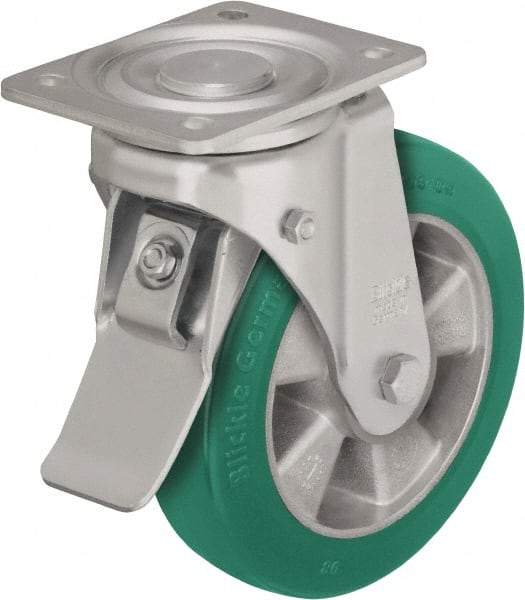 Blickle - 10" Diam x 2" Wide x 11-39/64" OAH Top Plate Mount Swivel Caster with Brake - Polyurethane-Elastomer Blickle Softhane, 1,760 Lb Capacity, Ball Bearing, 5-1/2 x 4-3/8" Plate - Benchmark Tooling