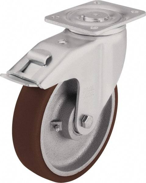 Blickle - 4" Diam x 1-31/32" Wide x 5-33/64" OAH Top Plate Mount Swivel Caster with Brake - Polyurethane-Elastomer Blickle Softhane, 880 Lb Capacity, Ball Bearing, 5-1/2 x 4-3/8" Plate - Benchmark Tooling