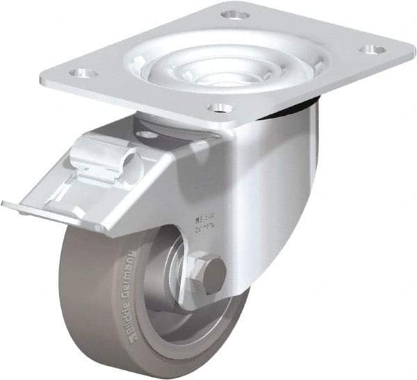 Blickle - 4" Diam x 1-37/64" Wide x 5-7/64" OAH Top Plate Mount Swivel Caster with Brake - Solid Rubber, 440 Lb Capacity, Ball Bearing, 5-1/2 x 4-3/8" Plate - Benchmark Tooling