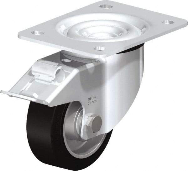 Blickle - 4" Diam x 1-37/64" Wide x 5-7/64" OAH Top Plate Mount Swivel Caster with Brake - Solid Rubber, 440 Lb Capacity, Ball Bearing, 5-1/2 x 4-3/8" Plate - Benchmark Tooling