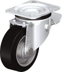 Blickle - 4" Diam x 1-37/64" Wide x 5-7/64" OAH Top Plate Mount Swivel Caster with Brake - Solid Rubber, 440 Lb Capacity, Ball Bearing, 3-15/16 x 3-3/8" Plate - Benchmark Tooling