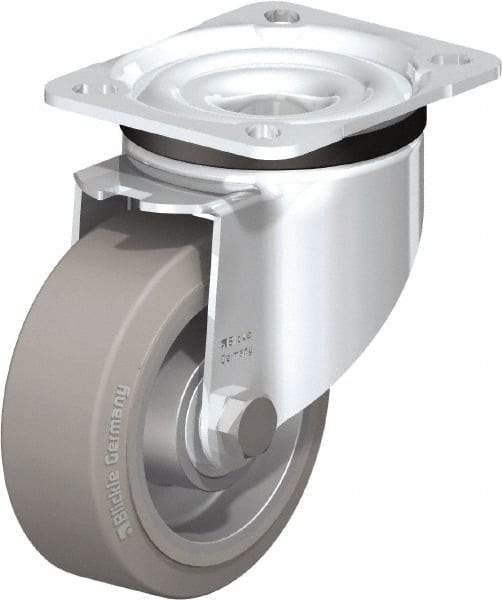 Blickle - 4" Diam x 1-37/64" Wide x 5-7/64" OAH Top Plate Mount Swivel Caster - Solid Rubber, 440 Lb Capacity, Ball Bearing, 3-15/16 x 3-3/8" Plate - Benchmark Tooling