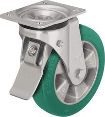 Blickle - 6" Diam x 2-1/8" Wide x 7-3/4" OAH Top Plate Mount Swivel Caster with Brake - Polyurethane-Elastomer Blickle Softhane, 1,100 Lb Capacity, Ball Bearing, 5-1/2 x 4-3/8" Plate - Benchmark Tooling