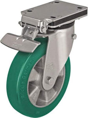 Blickle - 6-1/2" Diam x 2" Wide x 10-5/16" OAH Top Plate Mount Swivel Caster with Brake - Polyurethane-Elastomer Blickle Softhane, 1,210 Lb Capacity, Ball Bearing, 5-1/2 x 4-3/8" Plate - Benchmark Tooling