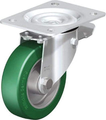 Blickle - 5" Diam x 1-37/64" Wide x 6-7/64" OAH Top Plate Mount Swivel Caster with Brake - Polyurethane-Elastomer Blickle Softhane, 770 Lb Capacity, Ball Bearing, 5-1/2 x 4-3/8" Plate - Benchmark Tooling