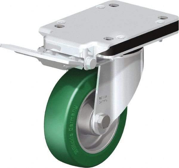 Blickle - 5" Diam x 1-37/64" Wide x 10-5/16" OAH Top Plate Mount Swivel Caster with Brake - Polyurethane-Elastomer Blickle Softhane, 770 Lb Capacity, Ball Bearing, 5-1/2 x 4-3/8" Plate - Benchmark Tooling
