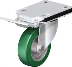 Blickle - 5" Diam x 1-37/64" Wide x 10-5/16" OAH Top Plate Mount Swivel Caster with Brake - Polyurethane-Elastomer Blickle Softhane, 770 Lb Capacity, Ball Bearing, 5-1/2 x 4-3/8" Plate - Benchmark Tooling