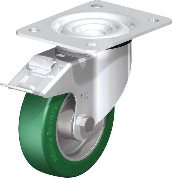 Blickle - 5" Diam x 1-37/64" Wide x 6-7/64" OAH Top Plate Mount Swivel Caster with Brake - Polyurethane-Elastomer Blickle Softhane, 770 Lb Capacity, Ball Bearing, 5-1/2 x 4-3/8" Plate - Benchmark Tooling