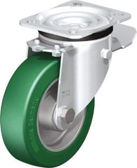 Blickle - 5" Diam x 1-37/64" Wide x 6-7/64" OAH Top Plate Mount Swivel Caster with Brake - Polyurethane-Elastomer Blickle Softhane, 770 Lb Capacity, Ball Bearing, 3-15/16 x 3-3/8" Plate - Benchmark Tooling