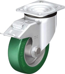 Blickle - 5" Diam x 1-37/64" Wide x 6-7/64" OAH Top Plate Mount Swivel Caster with Brake - Polyurethane-Elastomer Blickle Softhane, 770 Lb Capacity, Ball Bearing, 3-15/16 x 3-3/8" Plate - Benchmark Tooling