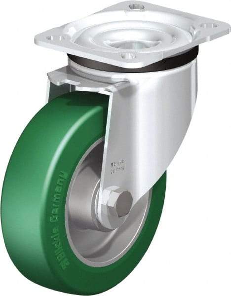Blickle - 5" Diam x 1-37/64" Wide x 6-7/64" OAH Top Plate Mount Swivel Caster - Polyurethane-Elastomer Blickle Softhane, 770 Lb Capacity, Ball Bearing, 3-15/16 x 3-3/8" Plate - Benchmark Tooling