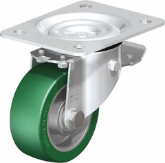 Blickle - 4" Diam x 1-37/64" Wide x 5-7/64" OAH Top Plate Mount Swivel Caster with Brake - Polyurethane-Elastomer Blickle Softhane, 660 Lb Capacity, Ball Bearing, 5-1/2 x 4-3/8" Plate - Benchmark Tooling