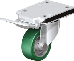 Blickle - 4" Diam x 1-37/64" Wide x 10-5/16" OAH Top Plate Mount Swivel Caster with Brake - Polyurethane-Elastomer Blickle Softhane, 660 Lb Capacity, Ball Bearing, 5-1/2 x 4-3/8" Plate - Benchmark Tooling