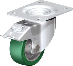 Blickle - 4" Diam x 1-37/64" Wide x 5-7/64" OAH Top Plate Mount Swivel Caster with Brake - Polyurethane-Elastomer Blickle Softhane, 660 Lb Capacity, Ball Bearing, 5-1/2 x 4-3/8" Plate - Benchmark Tooling