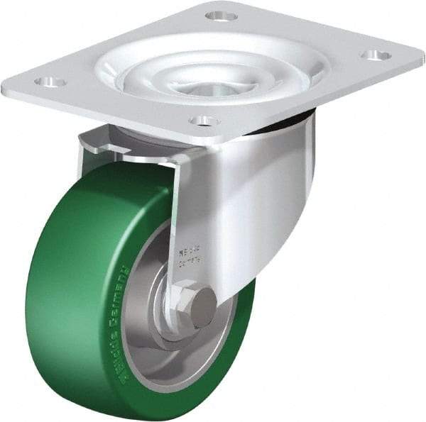 Blickle - 4" Diam x 1-37/64" Wide x 5-7/64" OAH Top Plate Mount Swivel Caster - Polyurethane-Elastomer Blickle Softhane, 660 Lb Capacity, Ball Bearing, 5-1/2 x 4-3/8" Plate - Benchmark Tooling