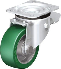 Blickle - 4" Diam x 1-37/64" Wide x 5-7/64" OAH Top Plate Mount Swivel Caster with Brake - Polyurethane-Elastomer Blickle Softhane, 660 Lb Capacity, Ball Bearing, 3-15/16 x 3-3/8" Plate - Benchmark Tooling