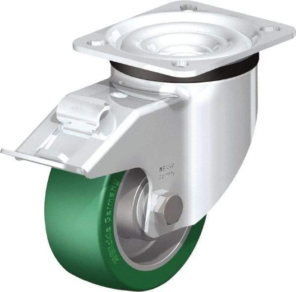 Blickle - 4" Diam x 1-37/64" Wide x 5-7/64" OAH Top Plate Mount Swivel Caster with Brake - Polyurethane-Elastomer Blickle Softhane, 660 Lb Capacity, Ball Bearing, 3-15/16 x 3-3/8" Plate - Benchmark Tooling
