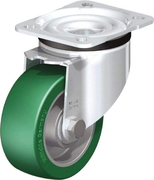 Blickle - 4" Diam x 1-37/64" Wide x 5-7/64" OAH Top Plate Mount Swivel Caster - Polyurethane-Elastomer Blickle Softhane, 660 Lb Capacity, Ball Bearing, 3-15/16 x 3-3/8" Plate - Benchmark Tooling