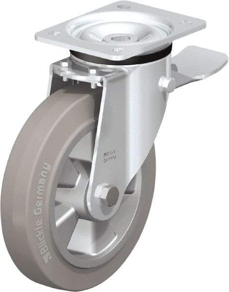 Blickle - 8" Diam x 1-31/32" Wide x 9-41/64" OAH Top Plate Mount Swivel Caster with Brake - Solid Rubber, 1,100 Lb Capacity, Ball Bearing, 5-1/2 x 4-3/8" Plate - Benchmark Tooling