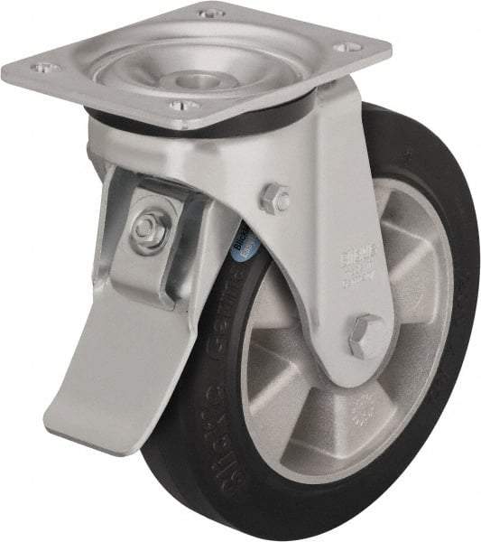 Blickle - 8" Diam x 2" Wide x 9-11/16" OAH Top Plate Mount Swivel Caster with Brake - Polyurethane-Elastomer Blickle Softhane, 1,320 Lb Capacity, Ball Bearing, 5-1/2 x 4-3/8" Plate - Benchmark Tooling