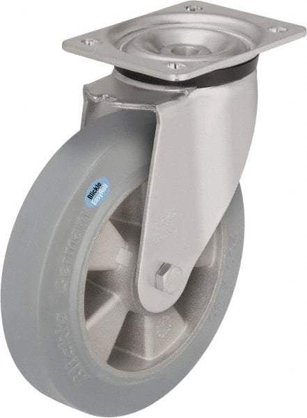 Blickle - 8" Diam x 1-31/32" Wide x 9-41/64" OAH Top Plate Mount Swivel Caster - Solid Rubber, 1,100 Lb Capacity, Ball Bearing, 5-1/2 x 4-3/8" Plate - Benchmark Tooling