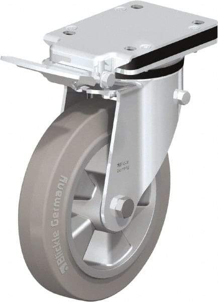 Blickle - 8" Diam x 1-31/32" Wide x 10-5/16" OAH Top Plate Mount Swivel Caster with Brake - Solid Rubber, 1,100 Lb Capacity, Ball Bearing, 5-1/2 x 4-3/8" Plate - Benchmark Tooling