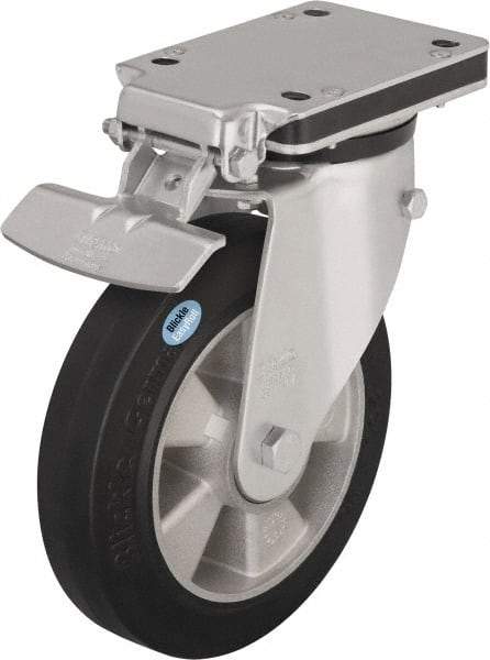 Blickle - 8" Diam x 1-31/32" Wide x 10-5/16" OAH Top Plate Mount Swivel Caster with Brake - Solid Rubber, 1,100 Lb Capacity, Ball Bearing, 5-1/2 x 4-3/8" Plate - Benchmark Tooling