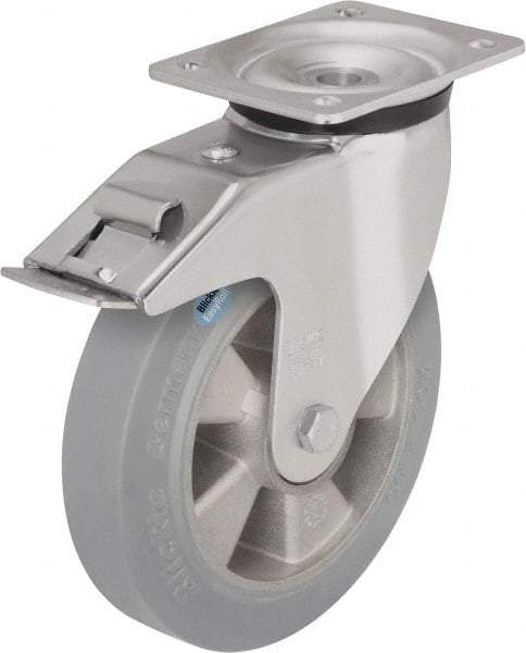 Blickle - 6-1/2" Diam x 1-31/32" Wide x 7-61/64" OAH Top Plate Mount Swivel Caster with Brake - Solid Rubber, 880 Lb Capacity, Ball Bearing, 5-1/2 x 4-3/8" Plate - Benchmark Tooling