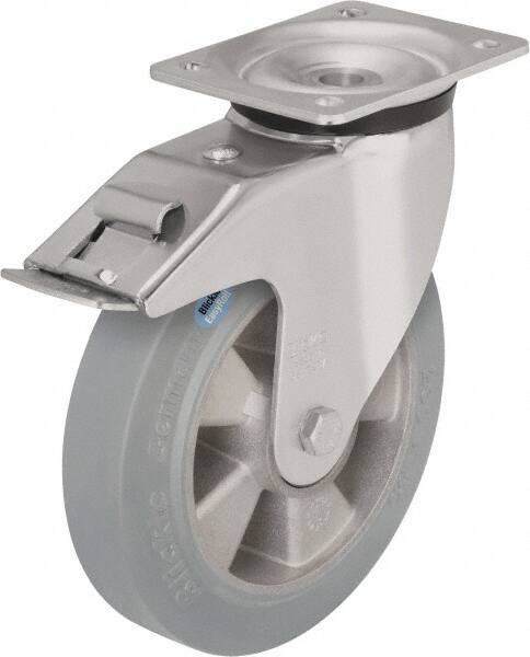 Blickle - 5" Diam x 1-31/32" Wide x 6-11/16" OAH Top Plate Mount Swivel Caster with Brake - Solid Rubber, 594 Lb Capacity, Ball Bearing, 5-1/2 x 4-3/8" Plate - Benchmark Tooling