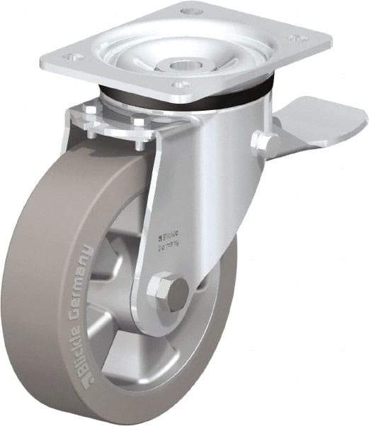 Blickle - 6-1/2" Diam x 1-31/32" Wide x 7-61/64" OAH Top Plate Mount Swivel Caster with Brake - Solid Rubber, 880 Lb Capacity, Ball Bearing, 5-1/2 x 4-3/8" Plate - Benchmark Tooling