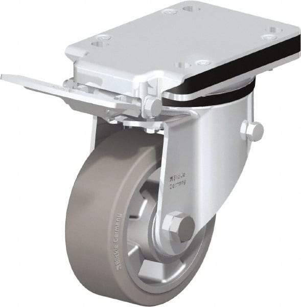 Blickle - 5" Diam x 1-31/32" Wide x 7-23/64" OAH Top Plate Mount Swivel Caster with Brake - Solid Rubber, 594 Lb Capacity, Ball Bearing, 5-1/2 x 4-3/8" Plate - Benchmark Tooling